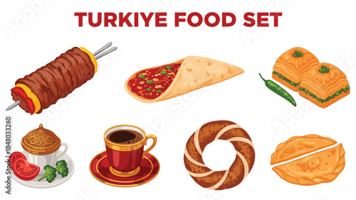 Turkish food set featuring Simit, Meze platter, Kebab sandwich, Baklava, Lentil soup & Turkish coffee. Perfect for menus, apps, websites & culinary designs