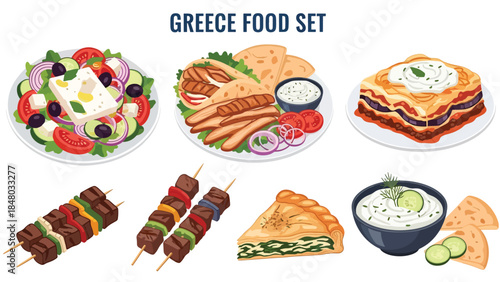 Greek food set featuring Moussaka, Gyro, Souvlaki, Greek Salad & Spanakopita. Perfect for menus, apps, websites & culinary designs. Flat vector illustrations