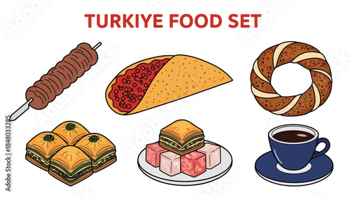 Turkish food set featuring Simit, Meze platter, Kebab sandwich, Baklava, Lentil soup & Turkish coffee. Perfect for menus, apps, websites & culinary designs
