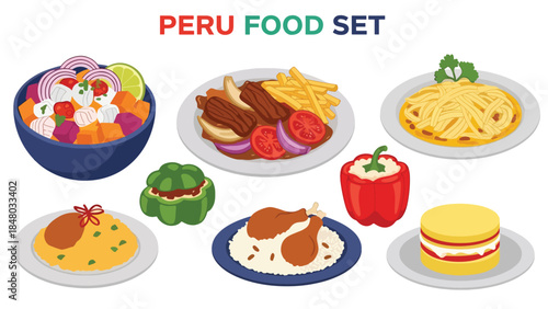 Peru food set featuring Ceviche, Lomo Saltado, Stuffed Peppers, Aji de Gallina, anticuchos & Tres Leches. Perfect for menus, apps, websites & culinary designs