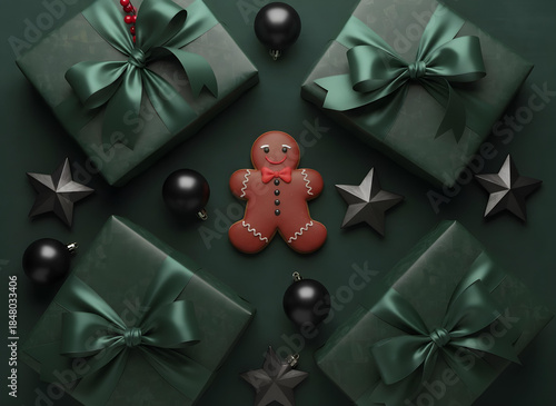 Festive Gingerbread Man Surrounded by Elegant Green Christmas Gifts