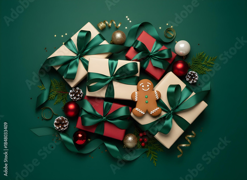 Festive Christmas Gifts and Decorations on Green Background