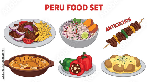 Peru food set featuring Ceviche, Lomo Saltado, Stuffed Peppers, Aji de Gallina, anticuchos & Tres Leches. Perfect for menus, apps, websites & culinary designs