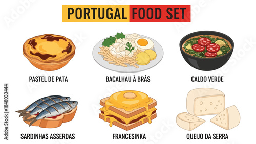 Portugal food set featuring Pastel de Nata, Bacalhau, Francesinha, Sardines & Bolo Rei. Perfect for menus, apps, websites & culinary designs