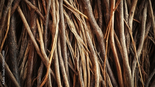 Close up of bundles of thin brown branches interwoven