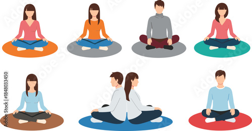 Cartoon-style illustrations of people meditating on colorful mats symbolizing mindfulness, peace, and relaxation
