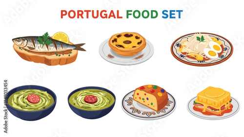 Portugal food set featuring Pastel de Nata, Bacalhau, Francesinha, Sardines & Bolo Rei. Perfect for menus, apps, websites & culinary designs