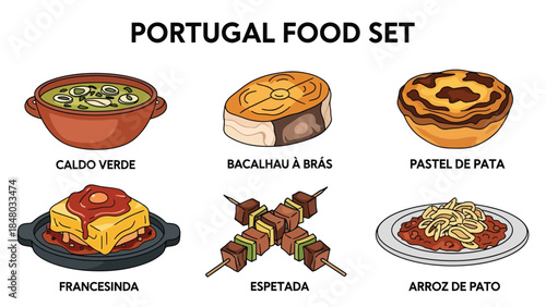 Portugal food set featuring Pastel de Nata, Bacalhau, Francesinha, Sardines & Bolo Rei. Perfect for menus, apps, websites & culinary designs