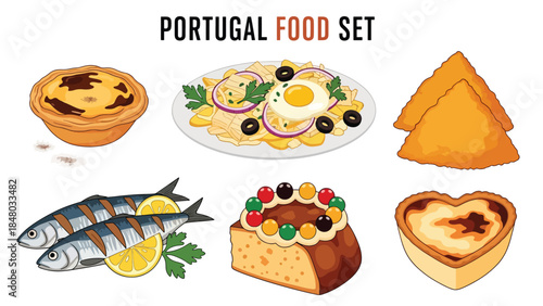 Portugal food set featuring Pastel de Nata, Bacalhau, Francesinha, Sardines & Bolo Rei. Perfect for menus, apps, websites & culinary designs