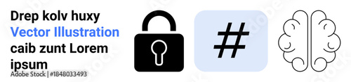 Lock icon, metadata tag symbol on blue background, and linear brain illustration highlight security, technology, creativity, and data trends. Ideal for tech security apps, innovation blogs, social