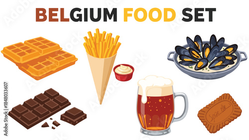 Belgium food set featuring Belgian Waffles, Fries, Mussels, Chocolate, Beer & Speculoos. Perfect for menus, apps, websites & culinary designs