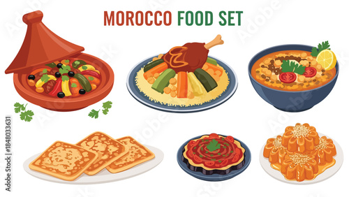 Morocco food set featuring Tagine, Couscous, Harira, Pastilla, Hummus & Msemen. Perfect for menus, apps, websites & culinary designs