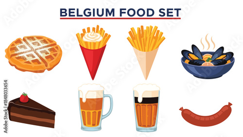 Belgium food set featuring Belgian Waffles, Fries, Mussels, Chocolate, Beer & Speculoos. Perfect for menus, apps, websites & culinary designs