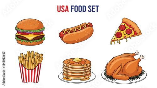 USA food set featuring Hot Dog, Pizza, Burger, Pancakes, Mac & Cheese & Pie. Perfect for menus, apps, websites & culinary designs