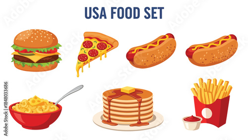 USA food set featuring Hot Dog, Pizza, Burger, Pancakes, Mac & Cheese & Pie. Perfect for menus, apps, websites & culinary designs