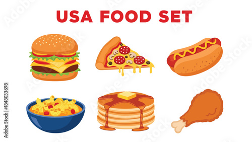 USA food set featuring Hot Dog, Pizza, Burger, Pancakes, Mac & Cheese & Pie. Perfect for menus, apps, websites & culinary designs