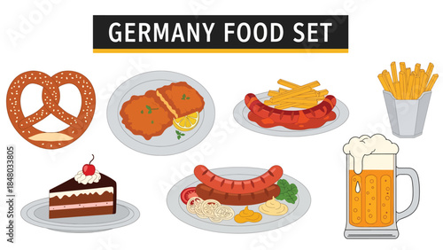 Germany food set featuring Pretzel, Bratwurst, Black Forest Cake, Beer, Schnitzel & Spätzle. Perfect for menus, apps, websites & culinary designs