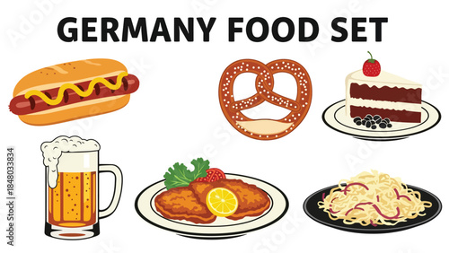 Germany food set featuring Pretzel, Bratwurst, Black Forest Cake, Beer, Schnitzel & Spätzle. Perfect for menus, apps, websites & culinary designs