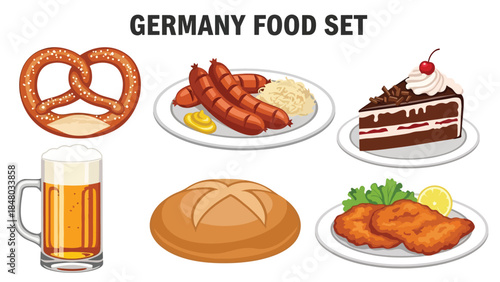 Germany food set featuring Pretzel, Bratwurst, Black Forest Cake, Beer, Schnitzel & Spätzle. Perfect for menus, apps, websites & culinary designs