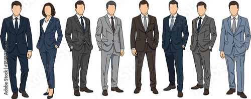 Illustrated group of eight business professionals in formal attire standing side by side representing corporate diversity and professionalism