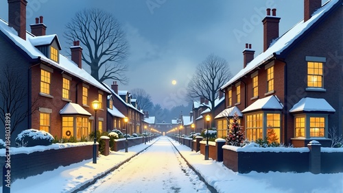 Fototapeta Naklejka Na Ścianę i Meble -  Watercolor style: `Watercolor Christmas postcard of a classic British terraced street at dusk, snow-covered rooftops, warm yellow light from sash windows, a decorated Christmas tree visible inside, so