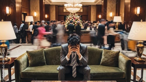In a busy hotel lobby, a lone figure sits on a plush sofa, head in hands, surrounded by a flurry of people engaged in conversation and activities.