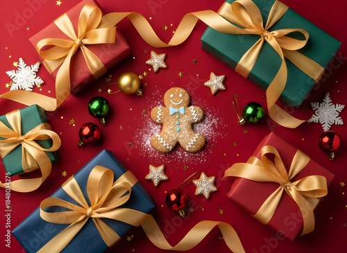 Festive Christmas Gifts and Gingerbread Man on Red Background