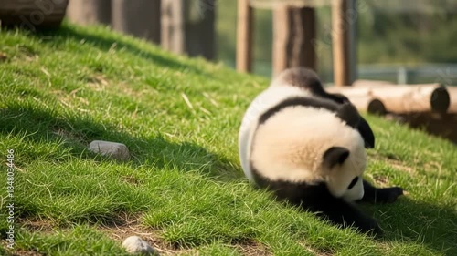 Playful Panda Cub Rolling on Grassy Hillside, Captive Wildlife in Natural Light Setting, Animal Behavior Photography