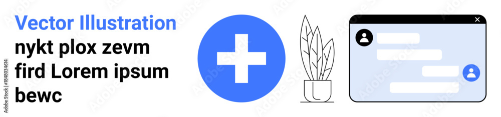 Obraz premium Healthcare, online support, telemedicine, digital communication, medical services, remote care. A medical cross beside a chat interface and plant. Healthcare and telemedicine communication concept