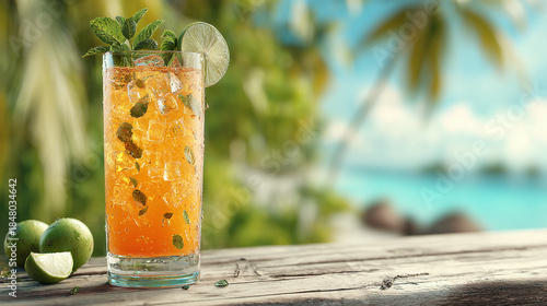 A refreshing tropical cocktail with mint, citrus, and a vibrant beach background