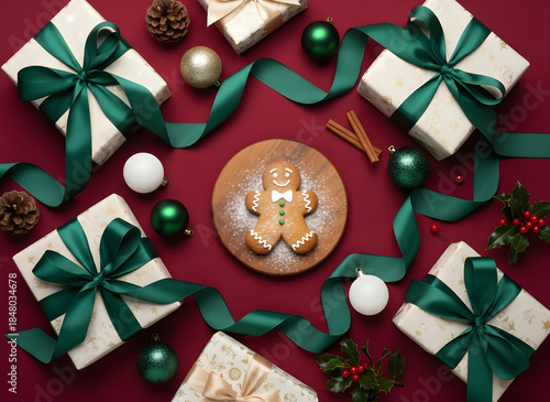 Festive Christmas Flat Lay with Gingerbread Man and Gifts