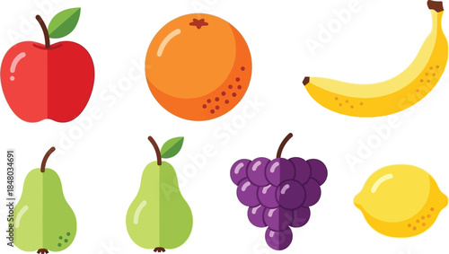 Colorful fruit assortment including apple orange banana pear grapes and lemon on transparent background