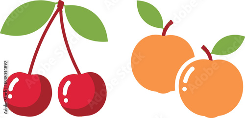 Cartoon illustration of cherries and apricots with green leaves on transparent background