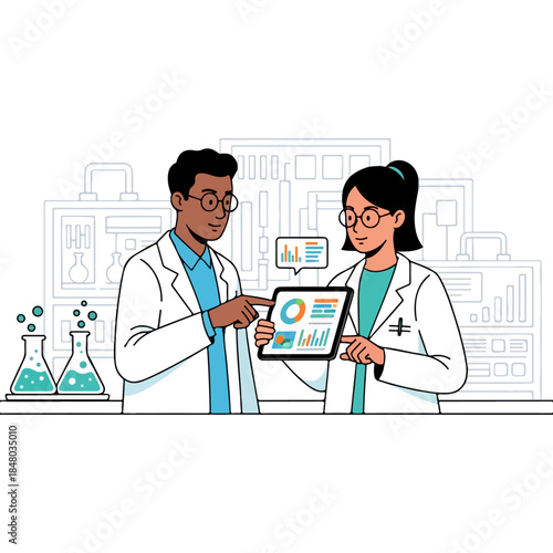 Two scientists presenting data on tablet.