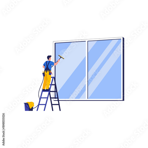 Window cleaner on ladder washing large glass window.