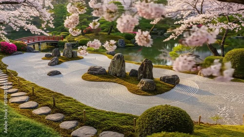 Zen Garden Landscape with Raked Sand, Mossy Rocks, Blooming Cherry Trees, and Serene Pond Reflection in Japan
