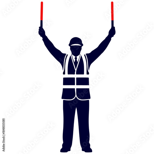 Crossing guard with raised arms signaling traffic.