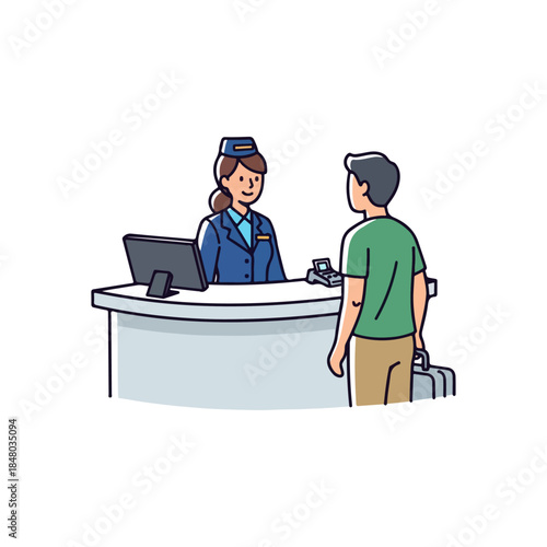 Customer at reception desk interacting with staff.