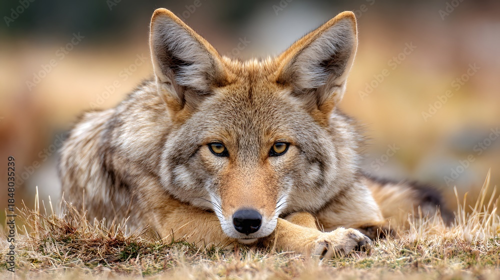 Obraz premium Close-up Portrait of a Wild Coyote Lying Down in a Field.