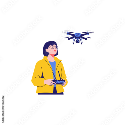 Woman operating drone with remote controller.