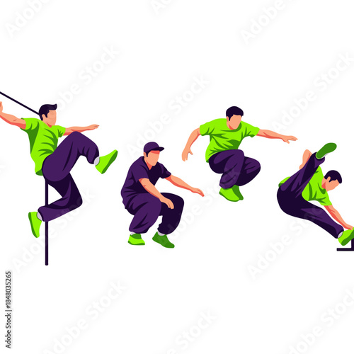 Group of athletes performing dynamic parkour stunts.