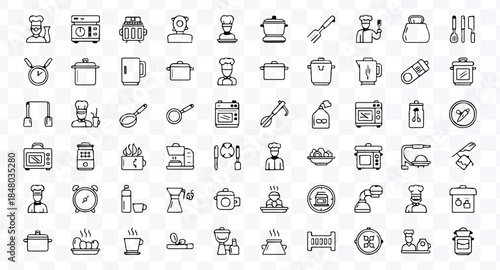 Set of 80 outline icons related to food and drink. Linear icon collection. Editable stroke. Vector illustration