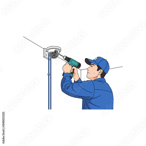 Electrician Installing Outdoor Light Fixture On Pole.