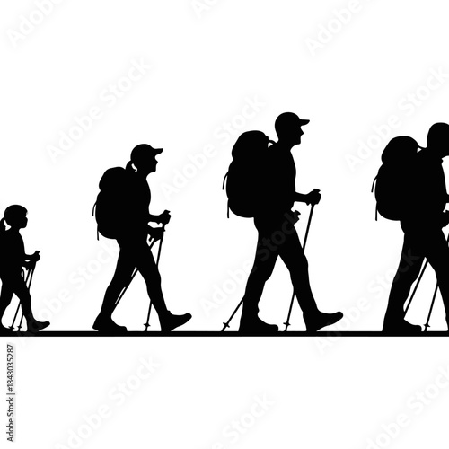 Group of Hikers Walking in Line with Backpacks.