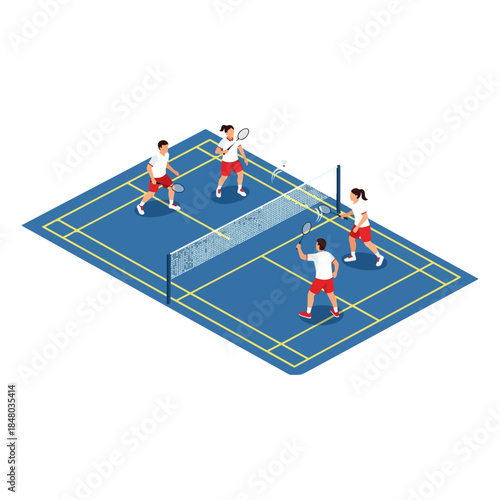 Group of badminton players in action on court.