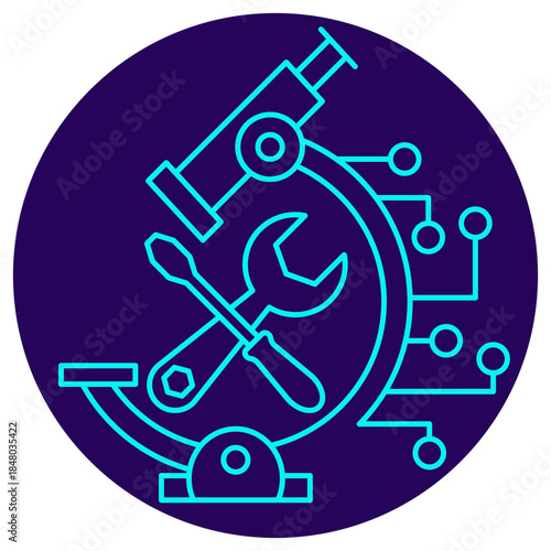 AI Diagnostics Icon. Minimalistic neon outline on a dark blue round backdrop. Vector illustration of a microscope and tools connected to a digital circuit. Intelligent system analysis, troubleshooting
