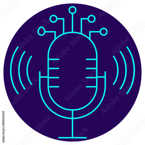 AI Voice Recognition Icon. Minimalistic neon outline on a dark blue round background. Vector illustration of a microphone connected to a digital circuit, symbolizing intelligent speech processing