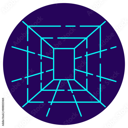 Virtual Space Icon. Minimalistic neon outline on a dark blue round background. Vector illustration of an abstract perspective grid, symbolizing virtual reality (VR), 3D environment modeling