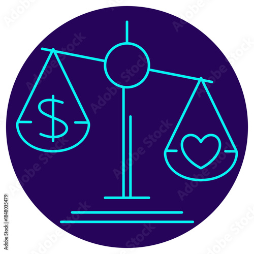 Business Ethics Icon. Minimalistic neon outline on a dark blue round background. Vector illustration of a scale balancing a dollar sign and a heart symbol, symbolizing cost-benefit analysis