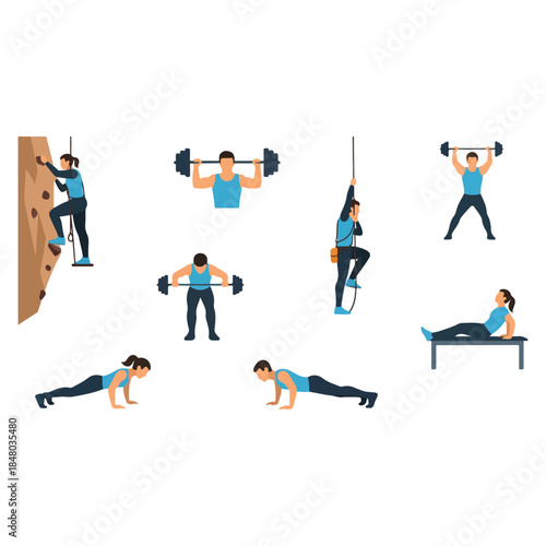 Group of people performing various workouts.
